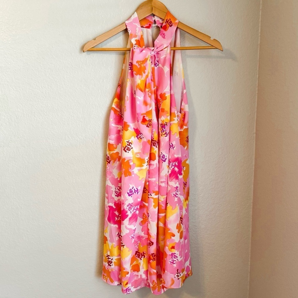 Aakaa Twist Front Abstract Floral Mini Dress Colorful Print Size Medium Women’s - Picture 2 of 10